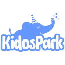 Logo of Kidos Park with a blue elephant wearing a party hat on a white background