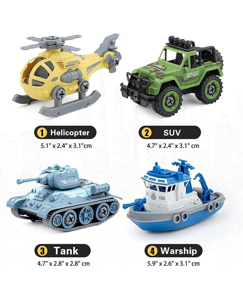 Assemble disassemble DIY vehicles including Including Helicopter,Jeep,Tank and Boat Cars and Car Tracks KidosPark