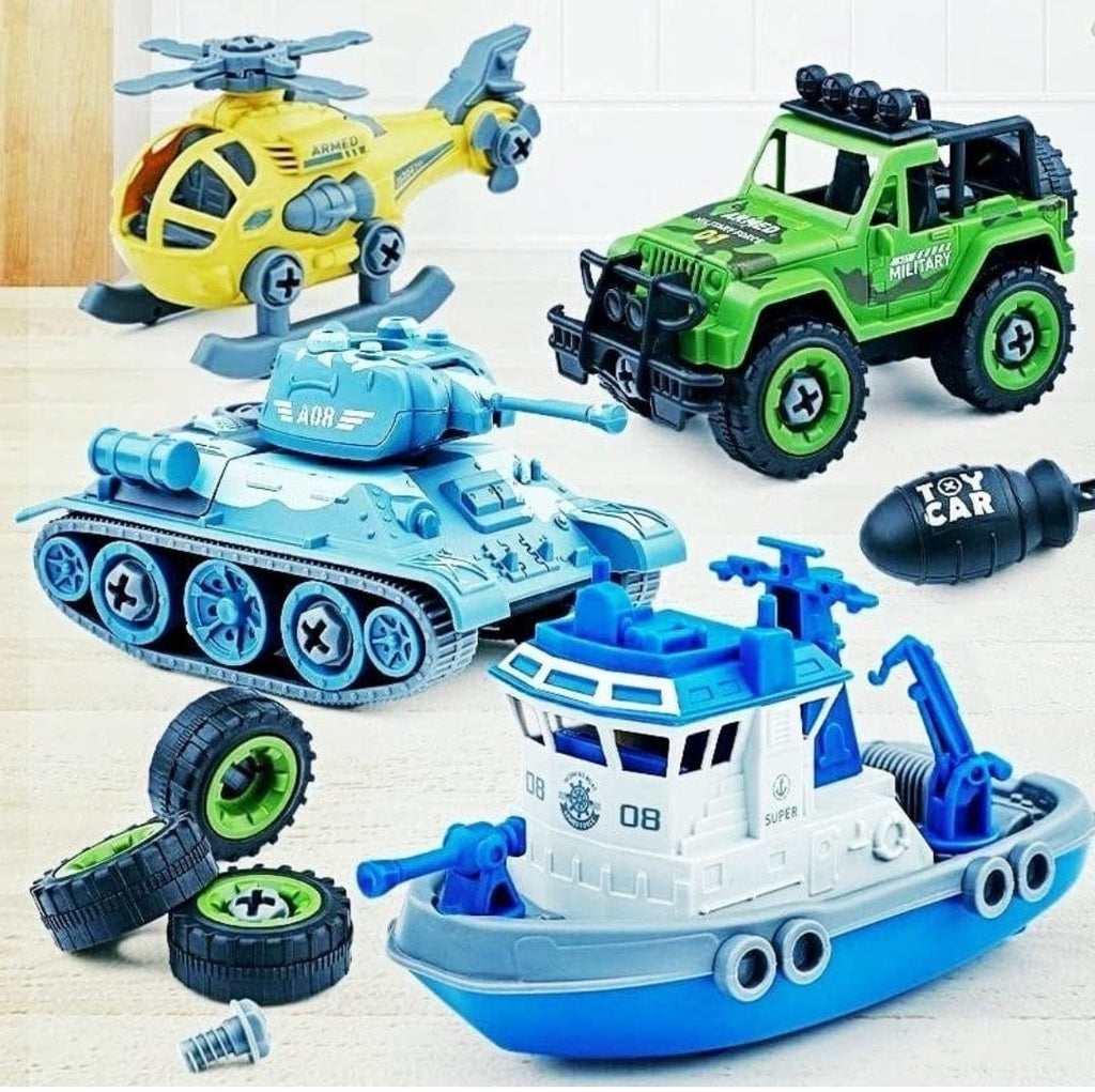 Assemble disassemble DIY vehicles including Including Helicopter,Jeep,Tank and Boat Cars and Car Tracks KidosPark