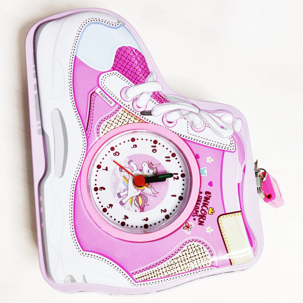 Cute shoe design unicorn print tin/ Metal piggy bank with a clock ( Single piece) Piggy Bank KidosPark