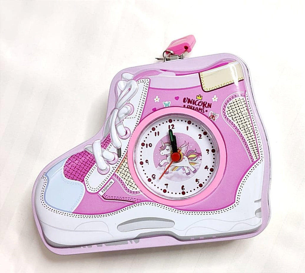 Cute shoe design unicorn print tin/ Metal piggy bank with a clock ( Single piece) Piggy Bank KidosPark