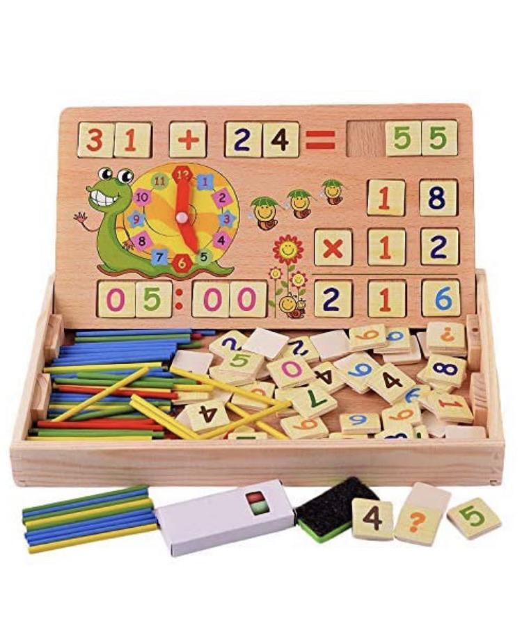 Educational Wooden Arithmetic Toy Box with Digital Number Math Blocks, Sticks, Clock, and Blackboard - 59 Pieces, Ideal for Learning Counting and Math Skills Educational toy KidosPark