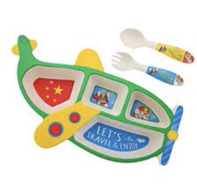 Helicopter styled Plate, Spoon and fork bamboo feeding set for kids tableware KidosPark