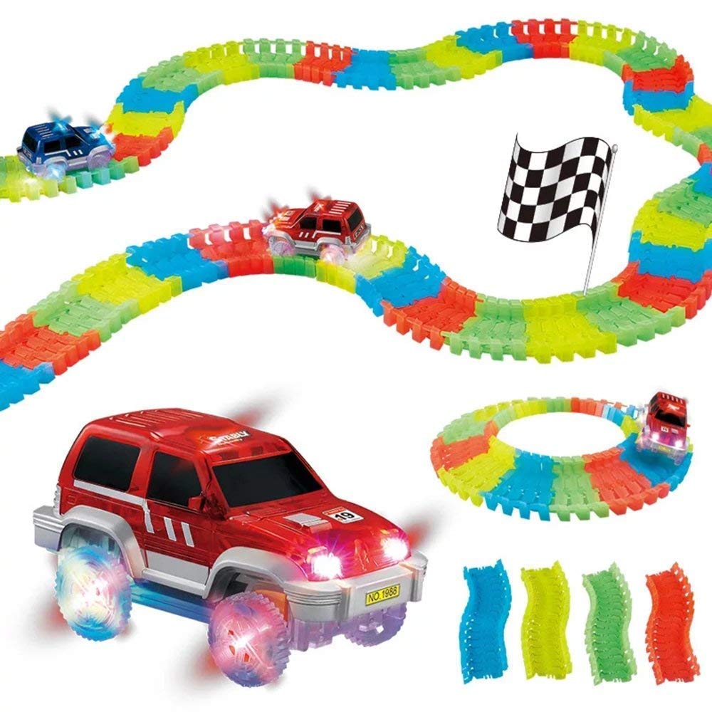 Magic Tracks - 134 pieces Bend Flex & Glow Racetrack with LED Flashing Race Car and Remote control Cars and Car Tracks KidosPark