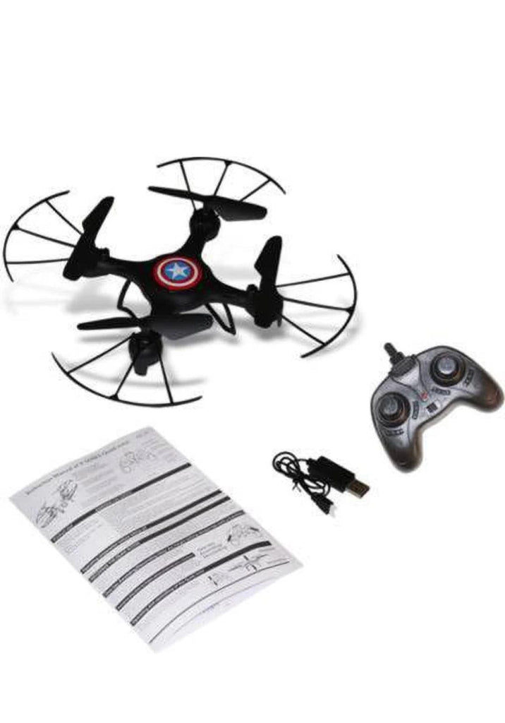Superhero styled Quadocopter intelligent control drone with blade guard, Headless mode and LED spinner. Flying Toys KidosPark