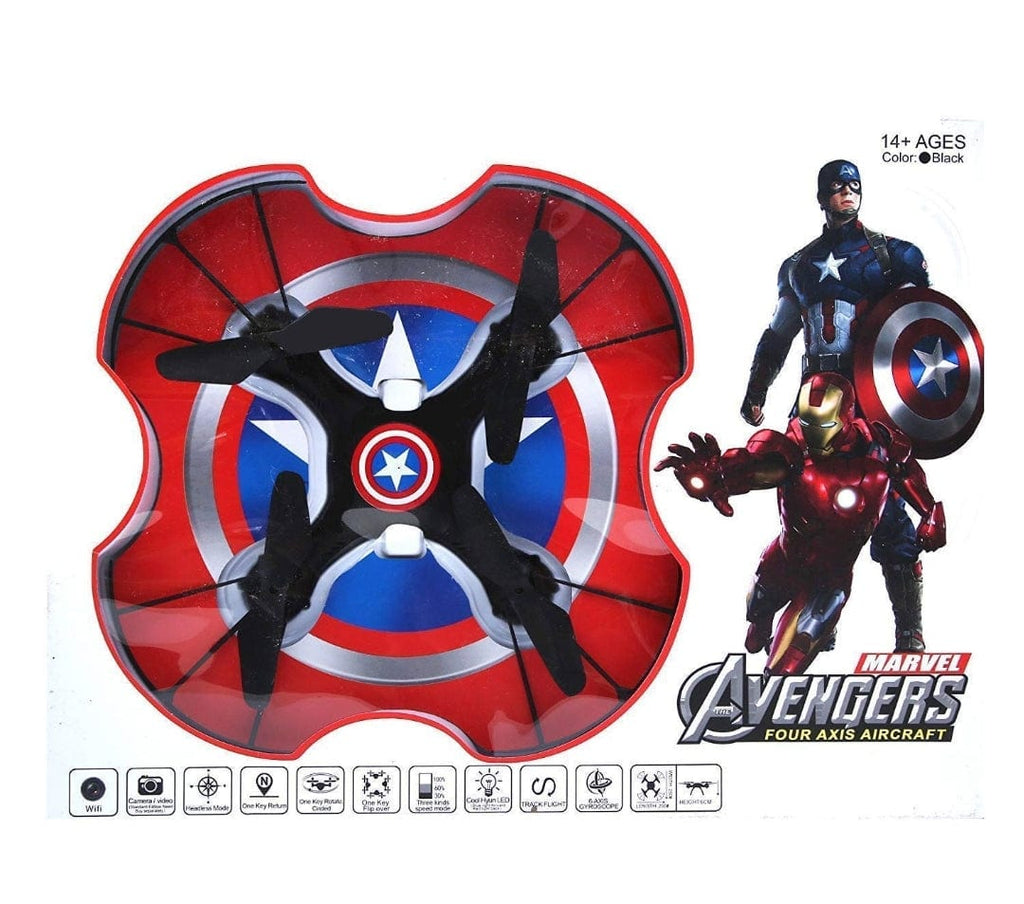 Superhero styled Quadocopter intelligent control drone with blade guard, Headless mode and LED spinner. Flying Toys KidosPark