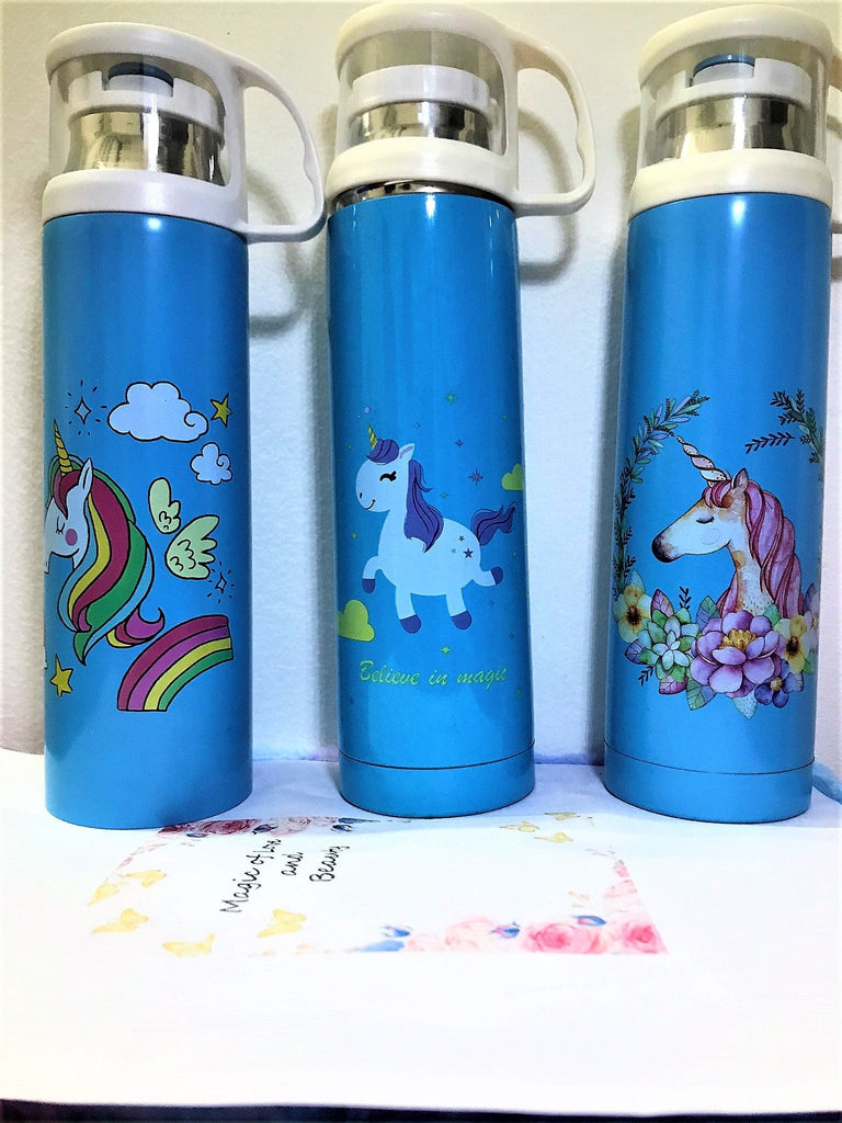 Unicorn Print Stainless steel bottle with a cup/ Gym Bottle/ School bottle for kids - 500 ml Bottles and Sippers KidosPark