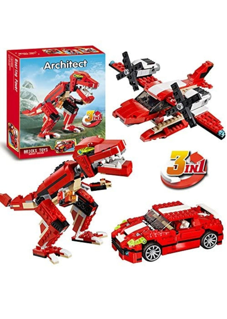 KidosPark Toy and Puzzle 3 in 1, 374+ building blocks/ bricks pullback car/ Dinosaur/ helicopter