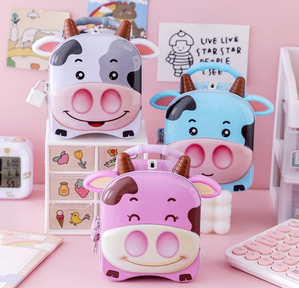 KidosPark Gift Pack Cute cow design tin/ Metal piggy bank with lock and key